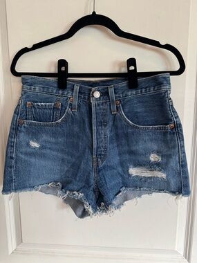 Levi's Medium Blue Distressed High-Rise Denim Shorts